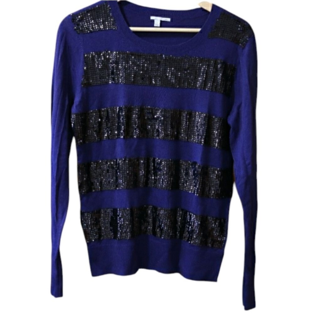 Halogen Blue Sequin Y2K Striped Long Sleeve Top LG